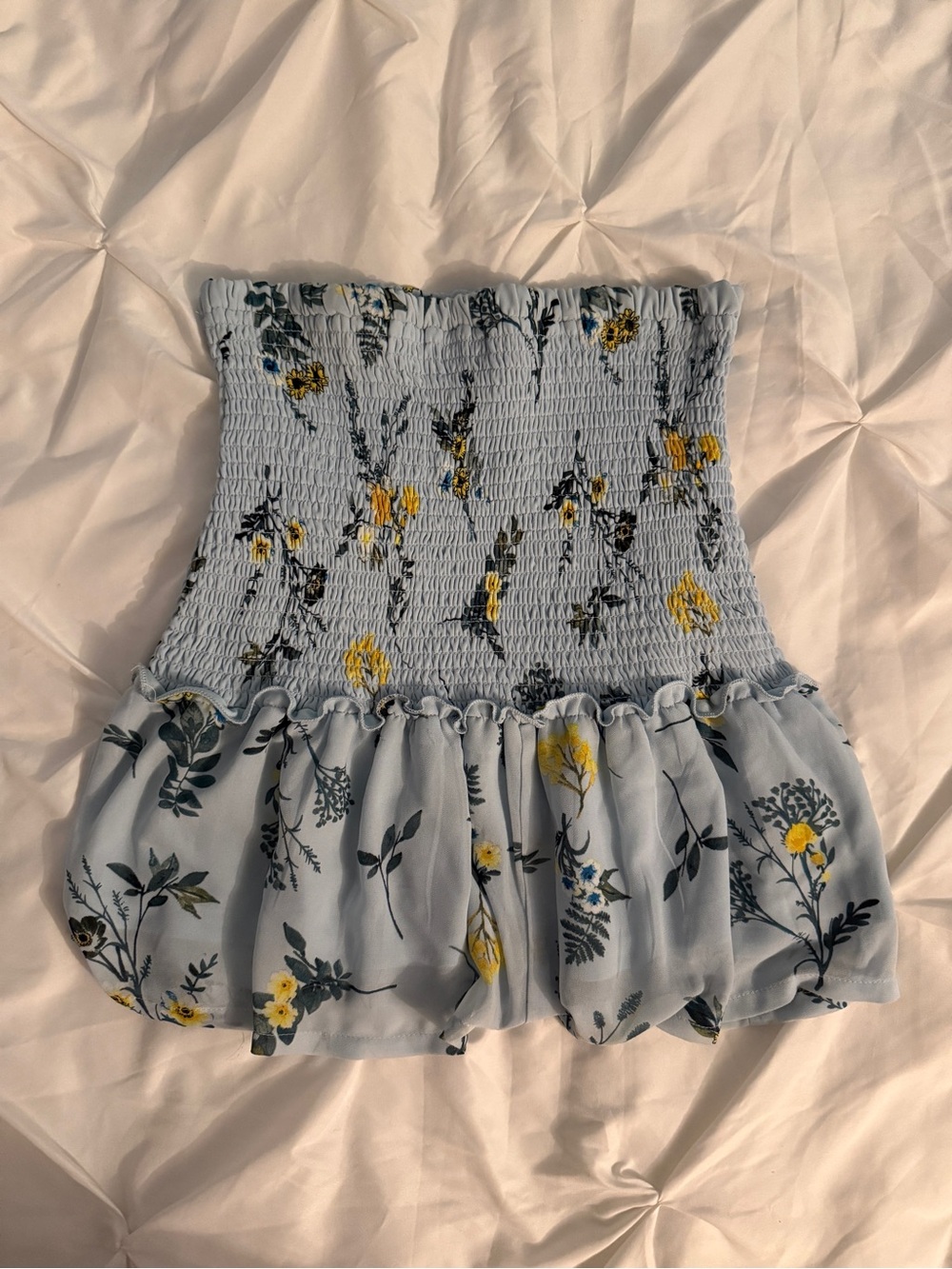 Elastic Summer Blue Ruffle Tube Top Yellow Floral Smocked Mini Skirt